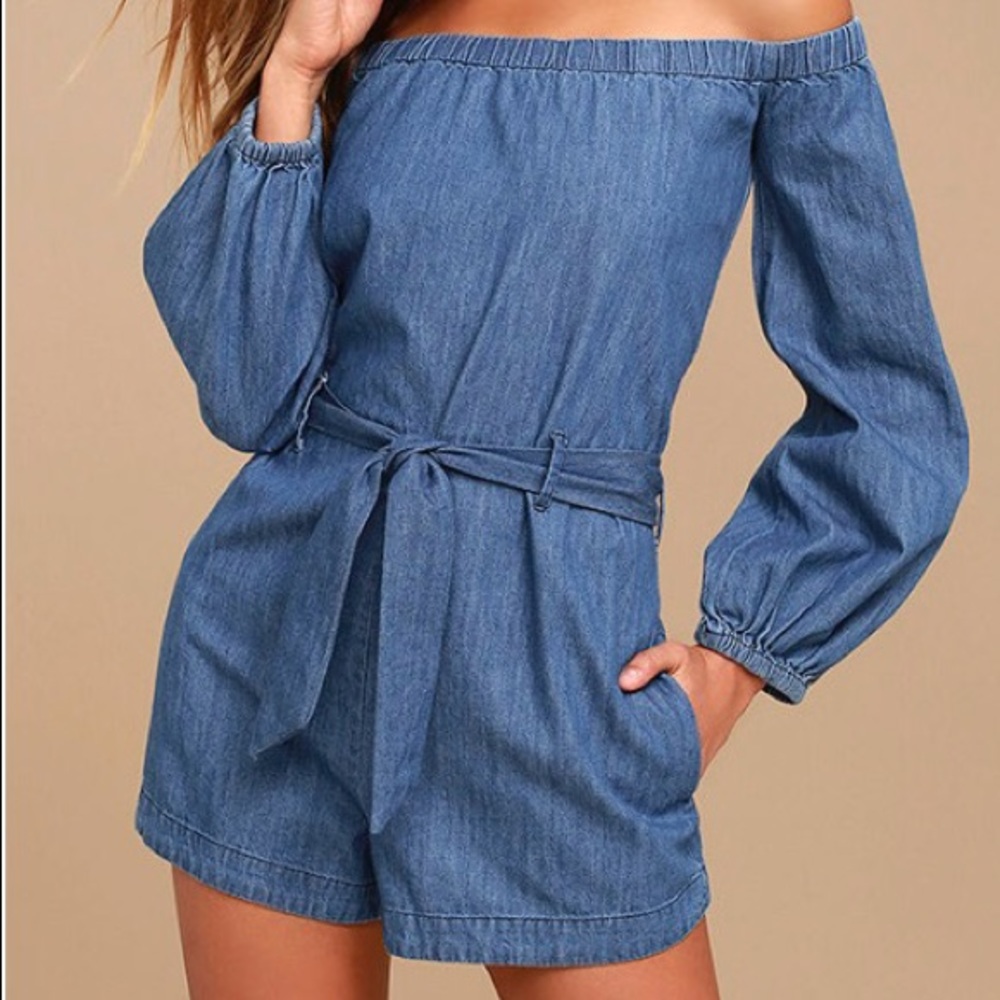 Free People Blue Chambray Strapless Romper Medium